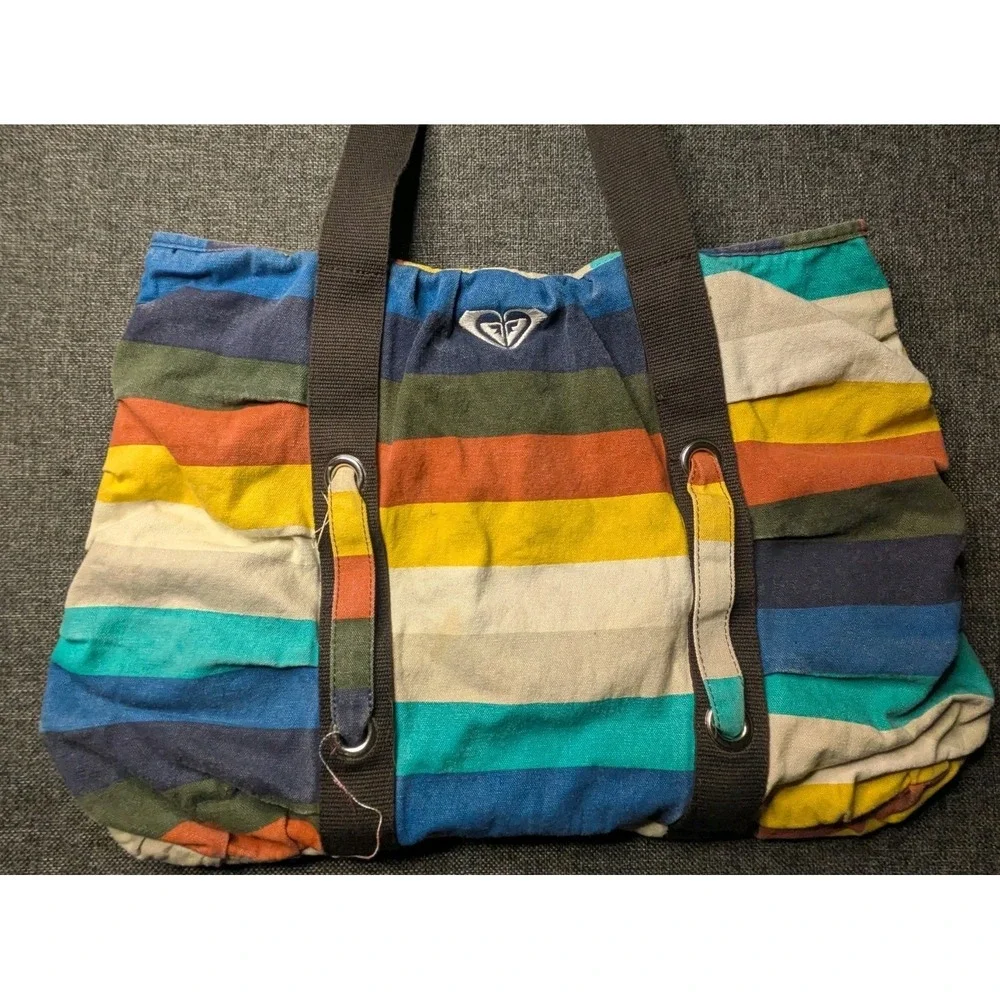 ROXY Y2K Multicolor Striped Canvas Beach Tote Carry Shoulder Strap Bag